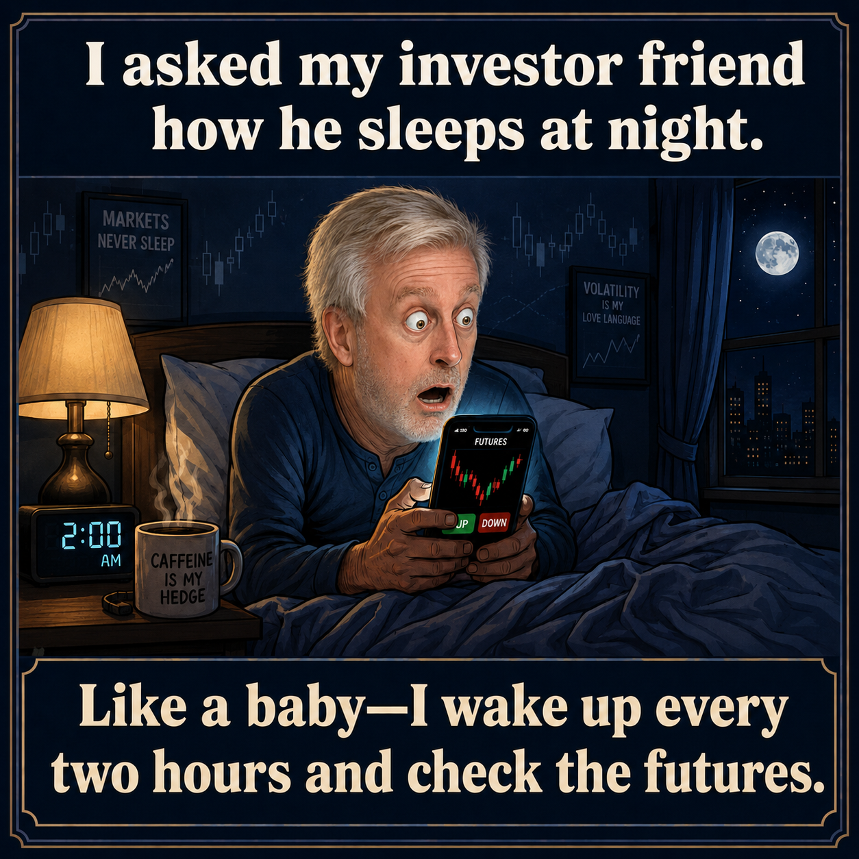 I asked my investor friend how he sleeps at night - Like a baby - I wake up every two hours and check the futures (tap to enlarge)