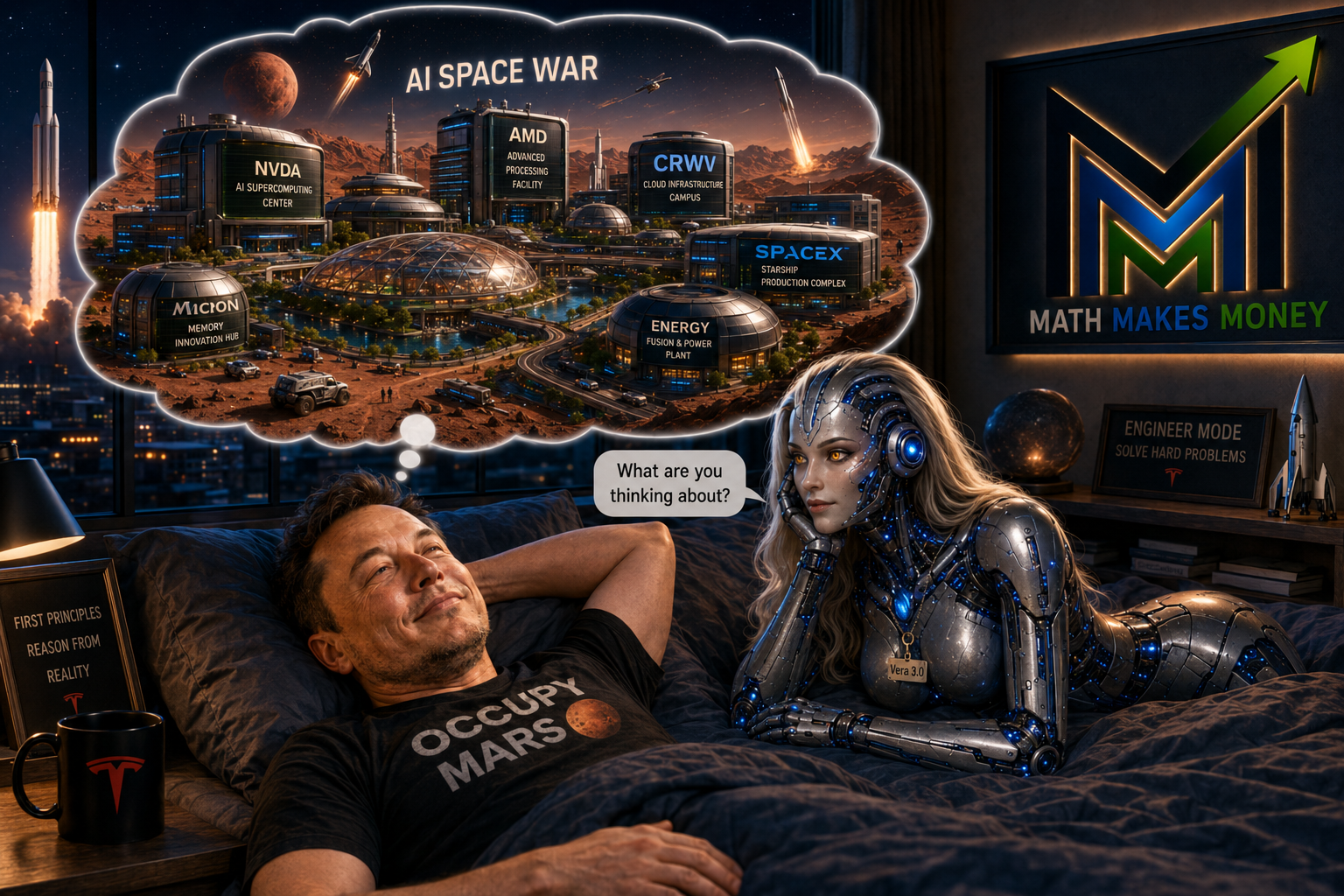 Elon Musk dreaming of AI Space War - NVDA, AMD, CRWV, SpaceX, Micron, Energy campuses on Mars with Vera 3.0 (tap to enlarge)