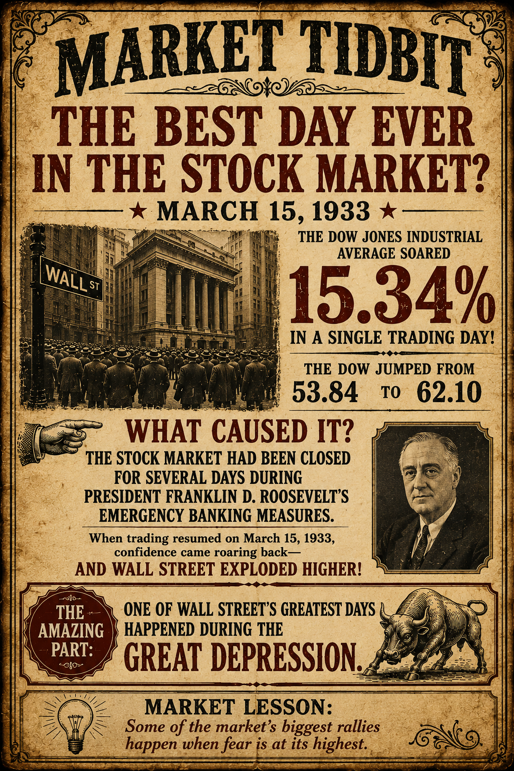 Market Tidbit - The Best Day Ever in the Stock Market - March 15 1933 - Dow soared 15.34% in a single trading day - from 53.84 to 62.10 - during FDRs emergency banking measures - Great Depression (tap to enlarge)