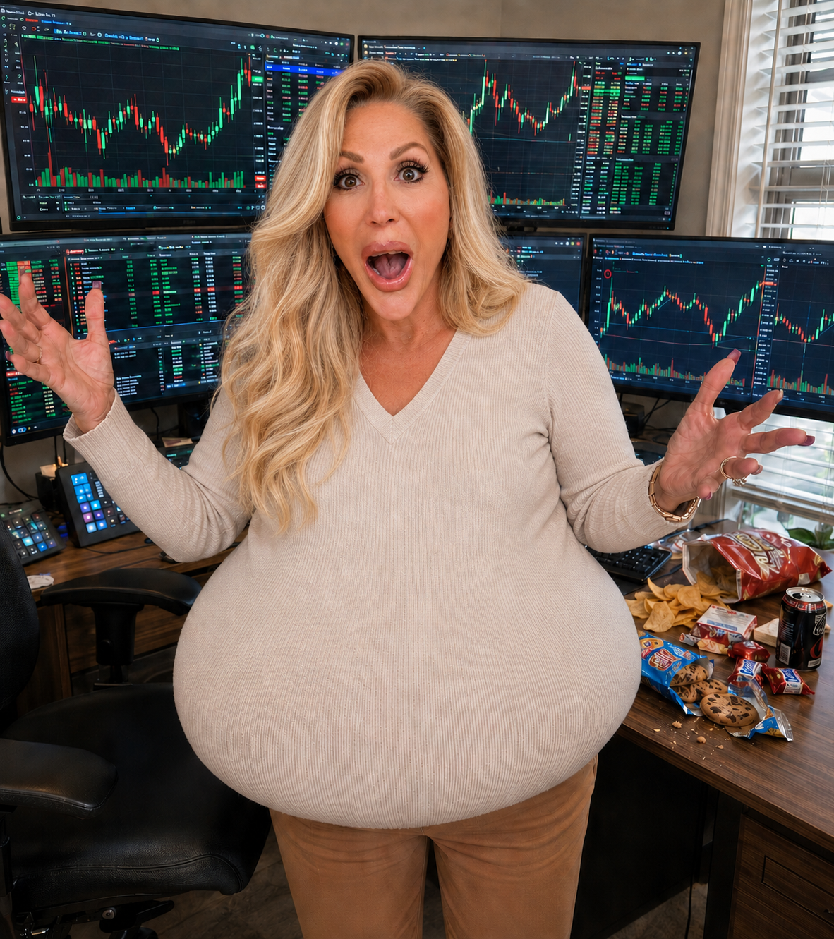 Maria at trading desk surrounded by chips and cookies — SMWG Stock Market Weight Gain (tap to enlarge)