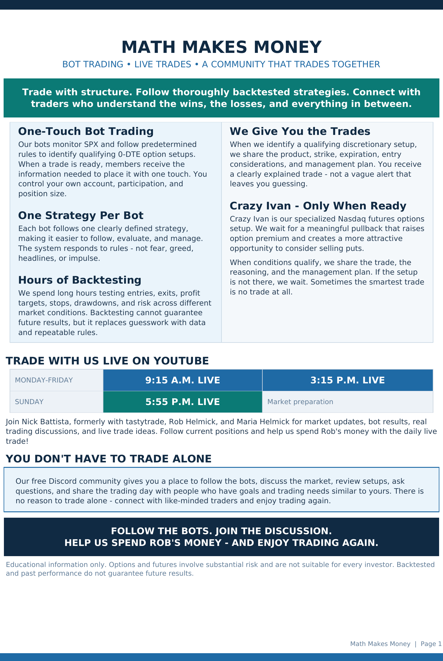 Math Makes Money Trading Team - bot trading, live trades, a community that trades together - one-touch bot trading, one strategy per bot, hours of backtesting, we give you the trades, Crazy Ivan, live show M-F 9:15 AM and 3:15 PM ET Sunday 5:55 PM ET, free Discord community - click to sign up at mathmakesmoney.com