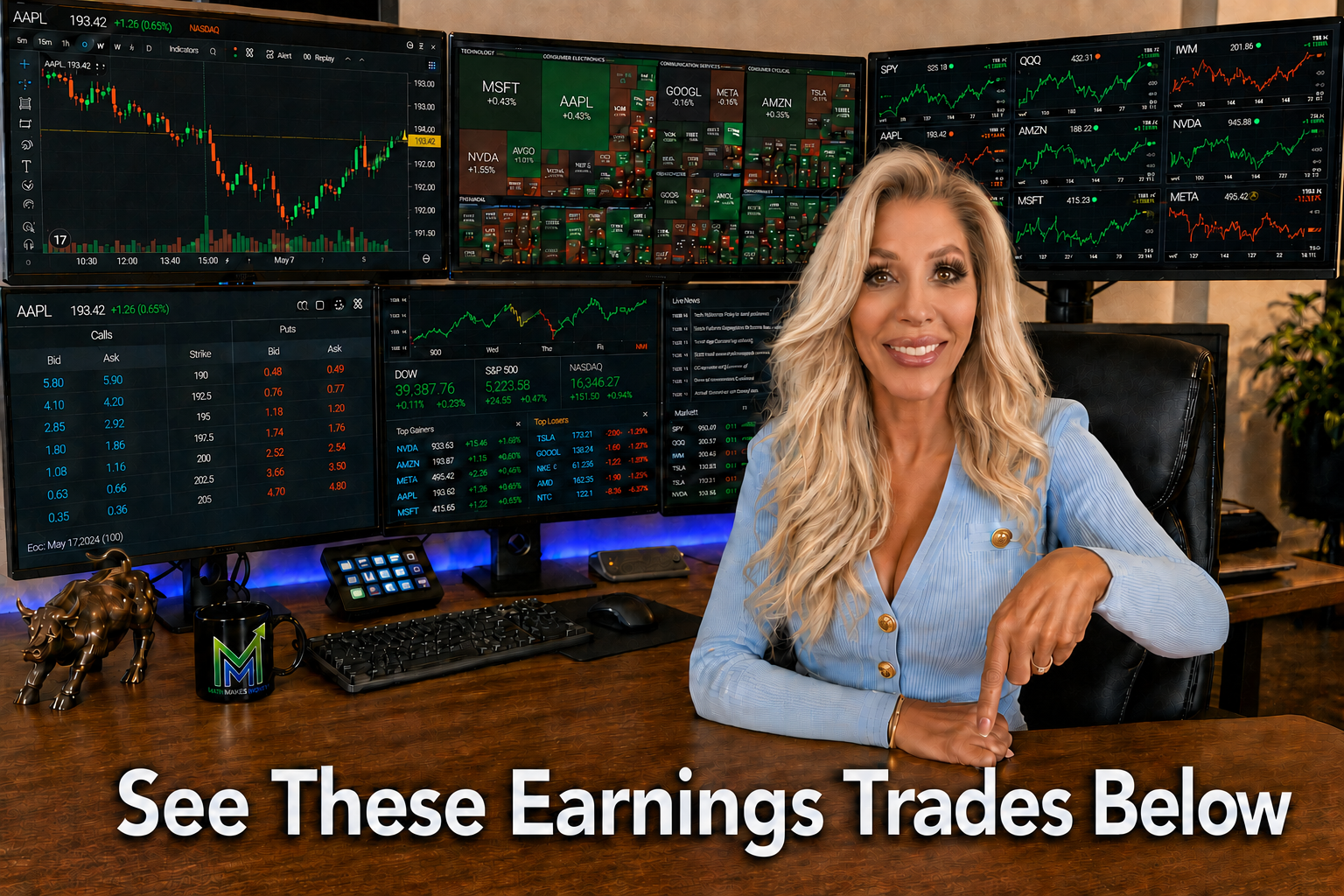 See These Earnings Trades Below - Maria at trading desk pointing down with monitors showing heatmap AAPL/MSFT/NVDA/AMZN/META charts, MMM logo mug, Wall Street bull statue (tap to enlarge)
