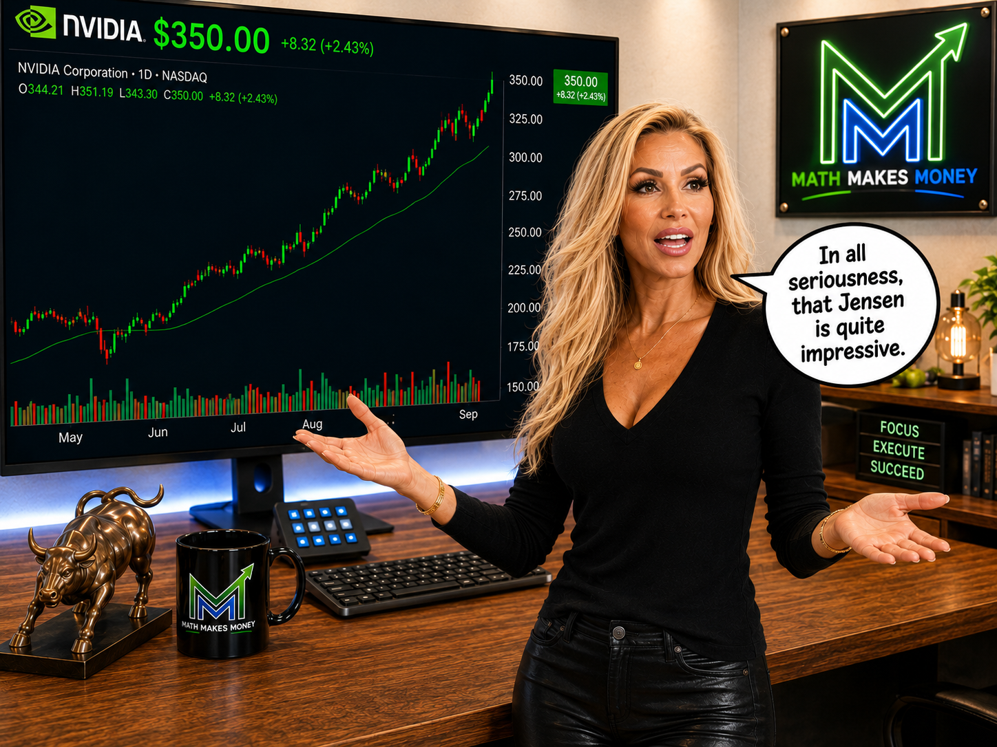 Maria in front of NVDA $350 chart - 'In all seriousness, that Jensen is quite impressive' - Math Makes Money office (tap to enlarge)