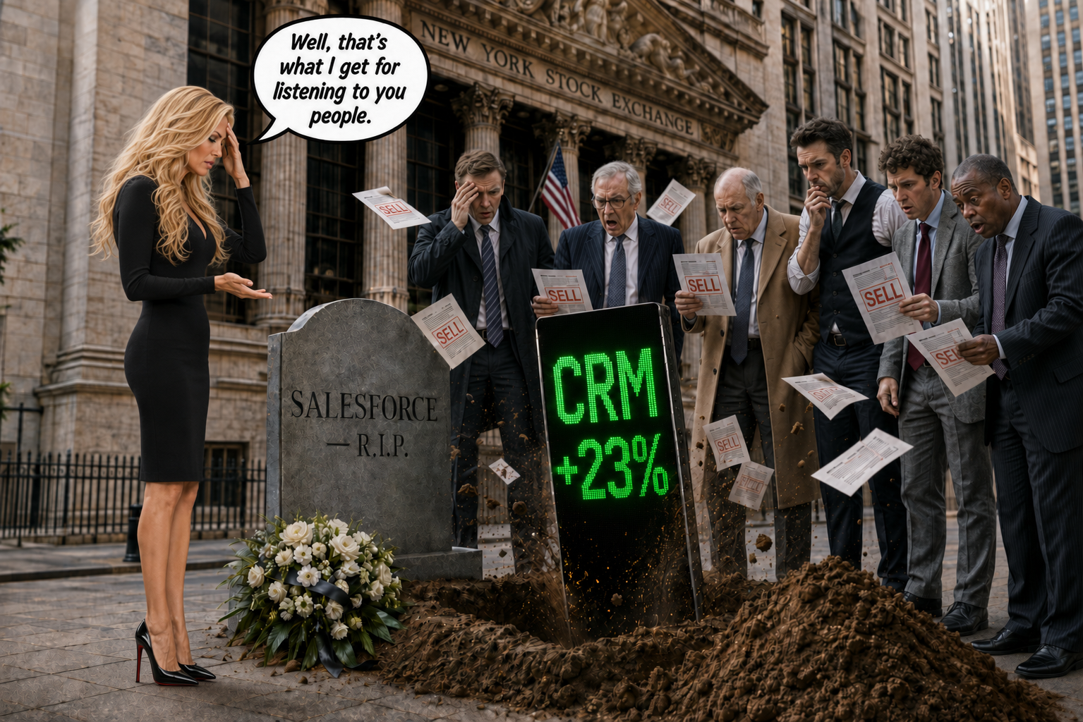 Salesforce funeral outside NYSE - CRM +23% tombstone rising from grave, Wall Street analysts stunned holding SELL papers - Maria 'Well, that's what I get for listening to you people' (tap to enlarge)