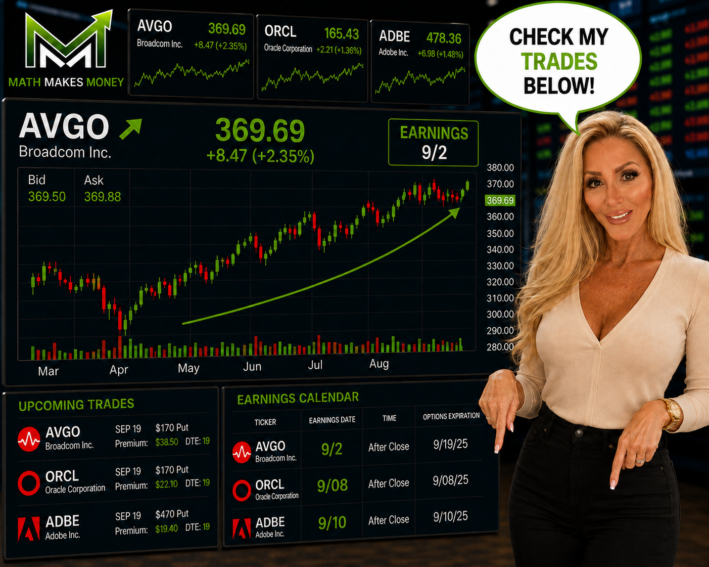 Maria pointing to AVGO/ORCL/ADBE tickers - 'CHECK MY TRADES BELOW!' - upcoming trades AVGO $170 put SEP 19, ORCL $170 put SEP 19, ADBE $470 put SEP 19 (tap to enlarge)