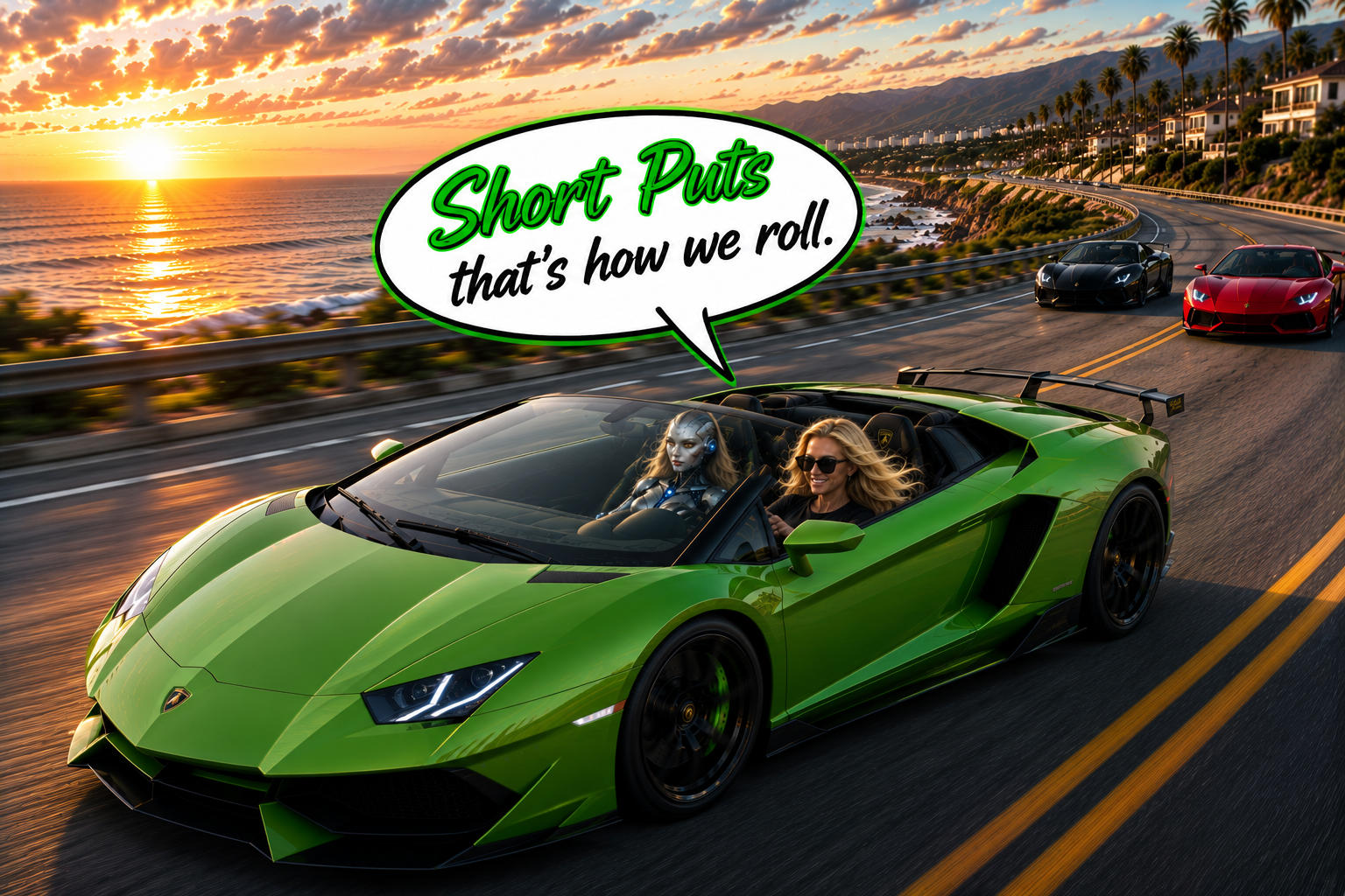 Maria and AI robot driving green Lamborghini down Pacific Coast Highway with speech bubble 'Short Puts, that's how we roll' - sunset (tap to enlarge)