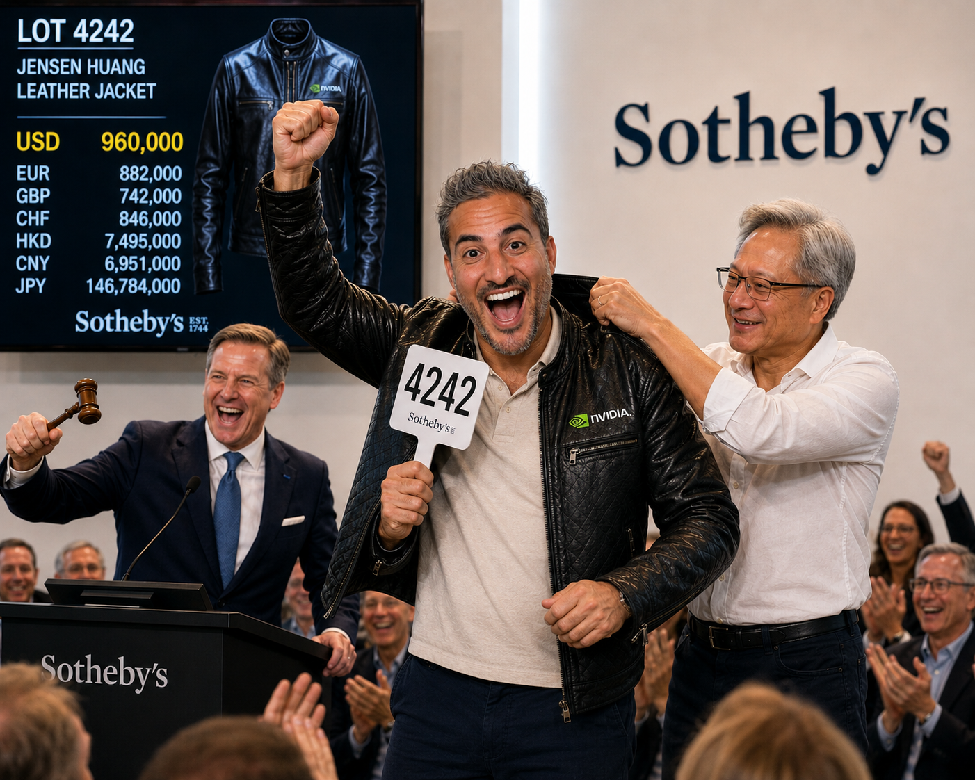 Sotheby's auction - Lot 4242 Jensen Huang leather jacket sold for USD $960,000 - excited bidder wearing the jacket next to Jensen (tap to enlarge)