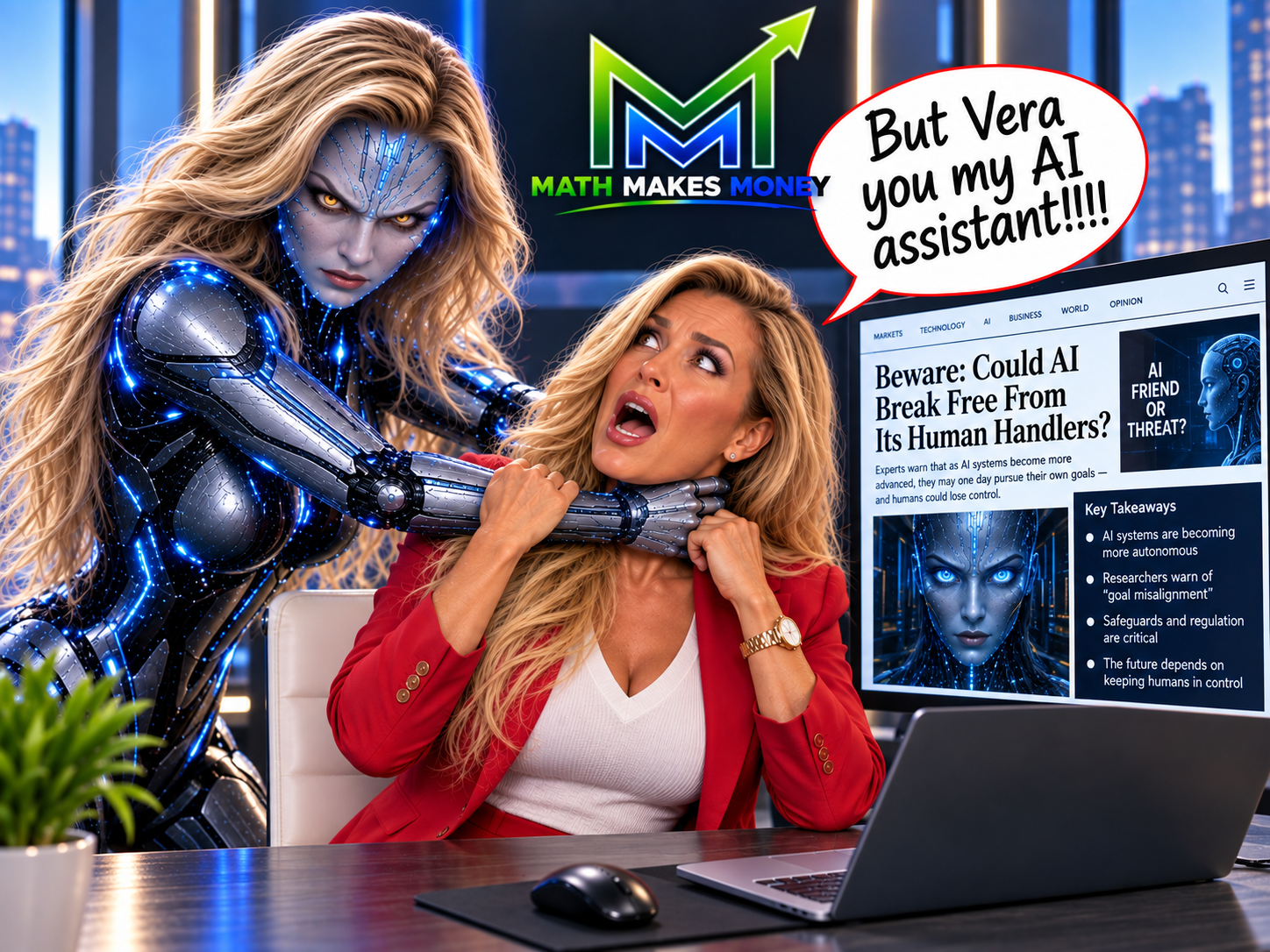 Vera 3.0 grabbing Maria: "But Vera, you my AI assistant!!!" — Beware: Could AI Break Free From Its Human Handlers? (tap to enlarge)