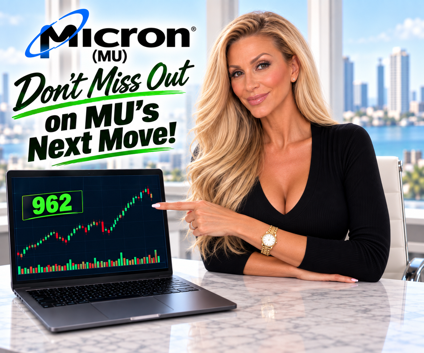 Maria pointing at Micron (MU) chart — Don't Miss Out on MU's Next Move! (tap to enlarge)
