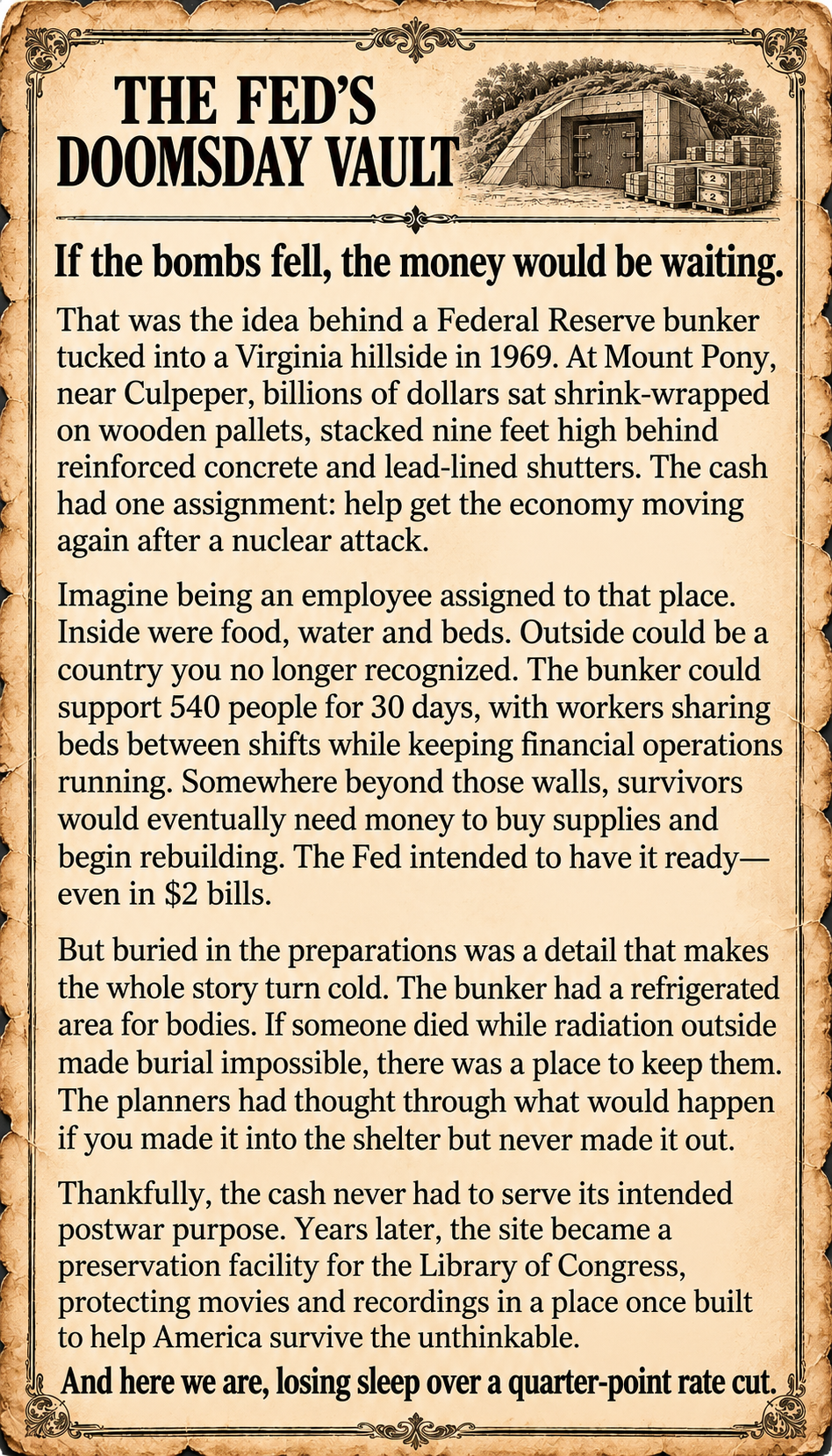 The Fed's Doomsday Vault — Mount Pony, Virginia, 1969: billions shrink-wrapped for post-nuclear rebuild. Refrigerated area for bodies. (tap to enlarge)