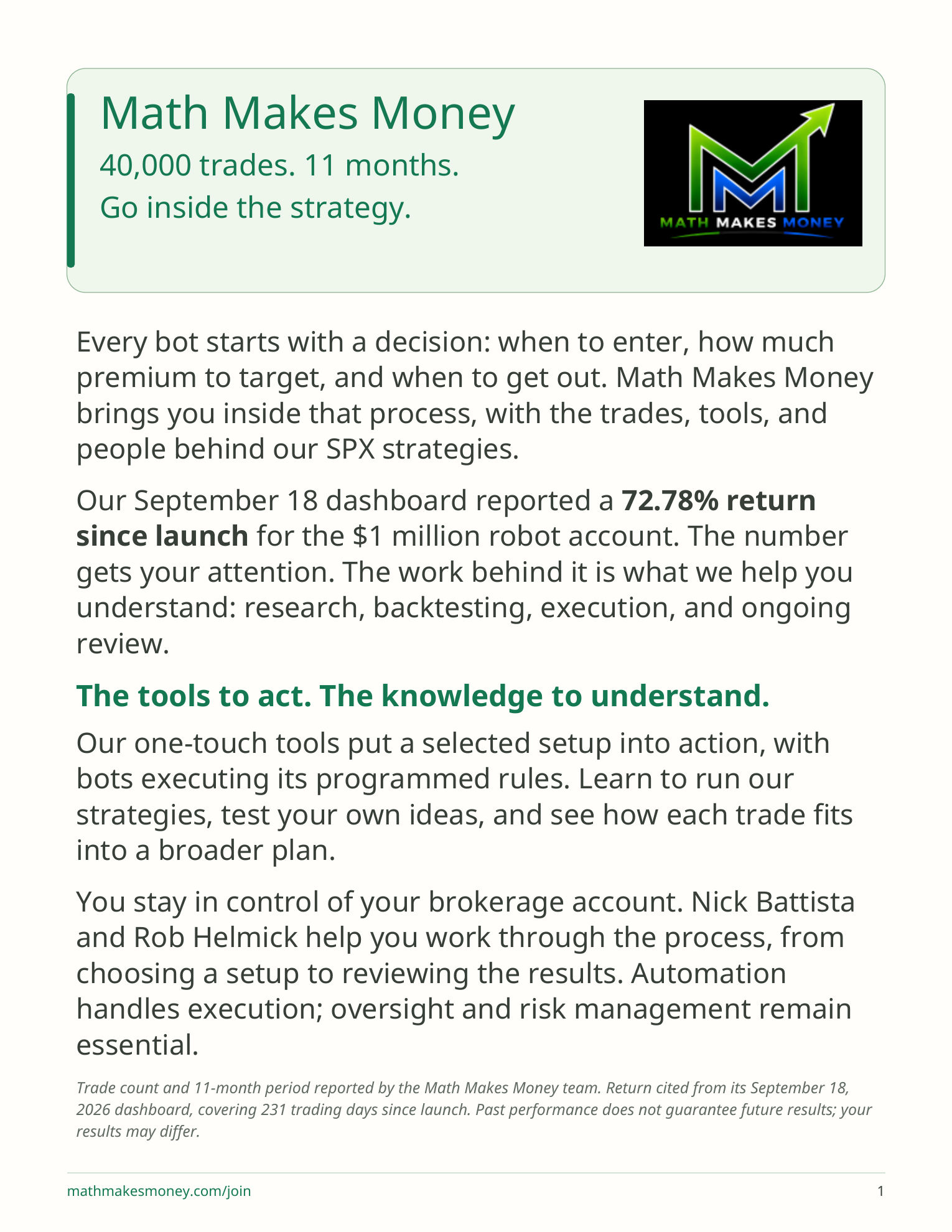 Math Makes Money &mdash; 40,000 trades, 11 months. Go inside the strategy. Page 1