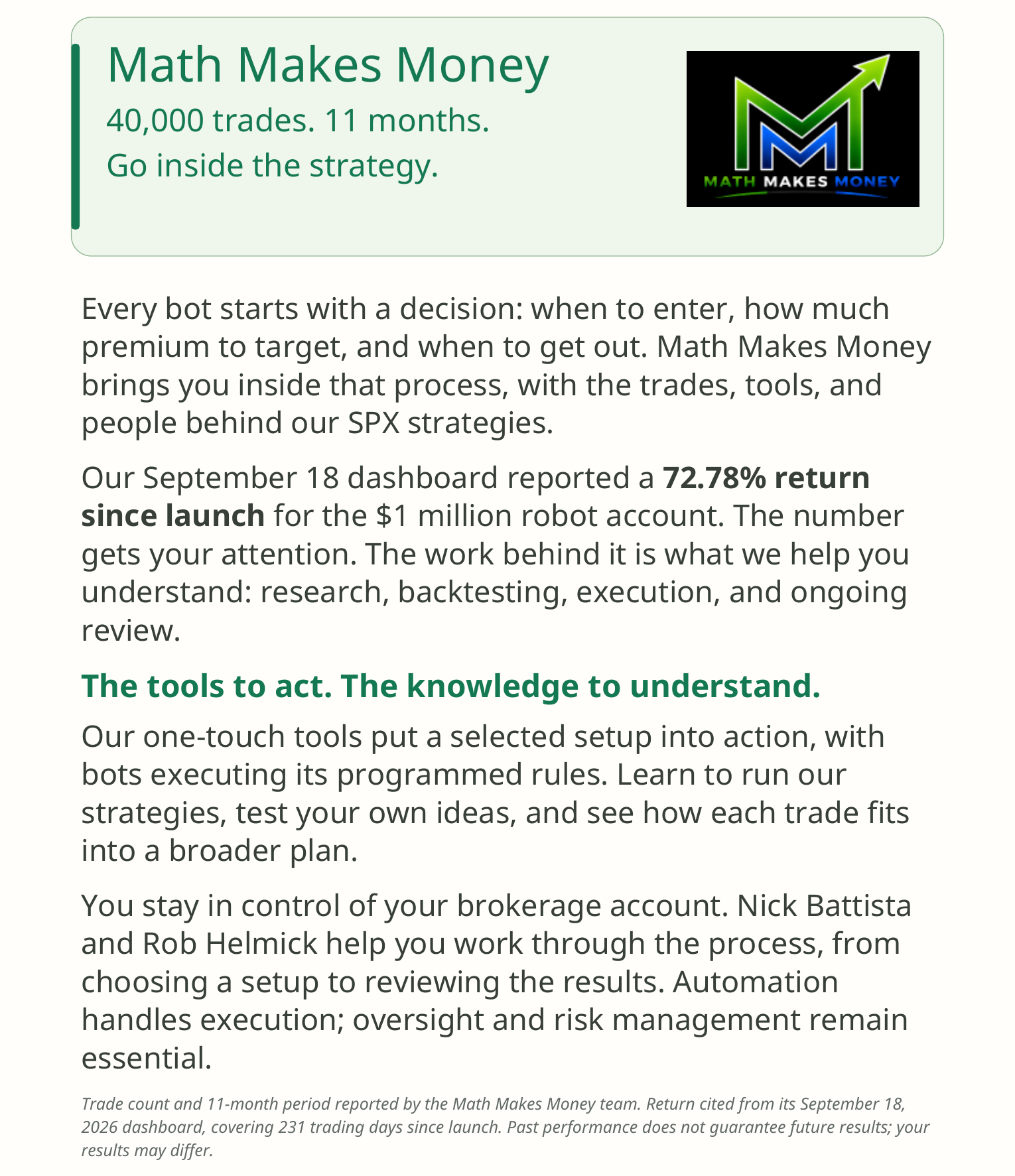 Math Makes Money &mdash; 40,000 trades, 11 months. Go inside the strategy. Page 1