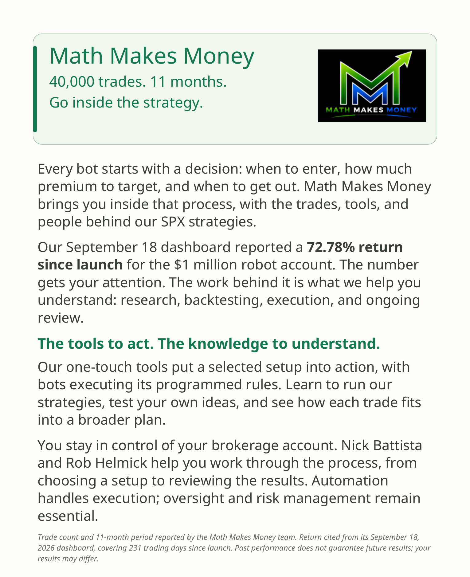 Math Makes Money &mdash; 40,000 trades, 11 months. Go inside the strategy. Page 1