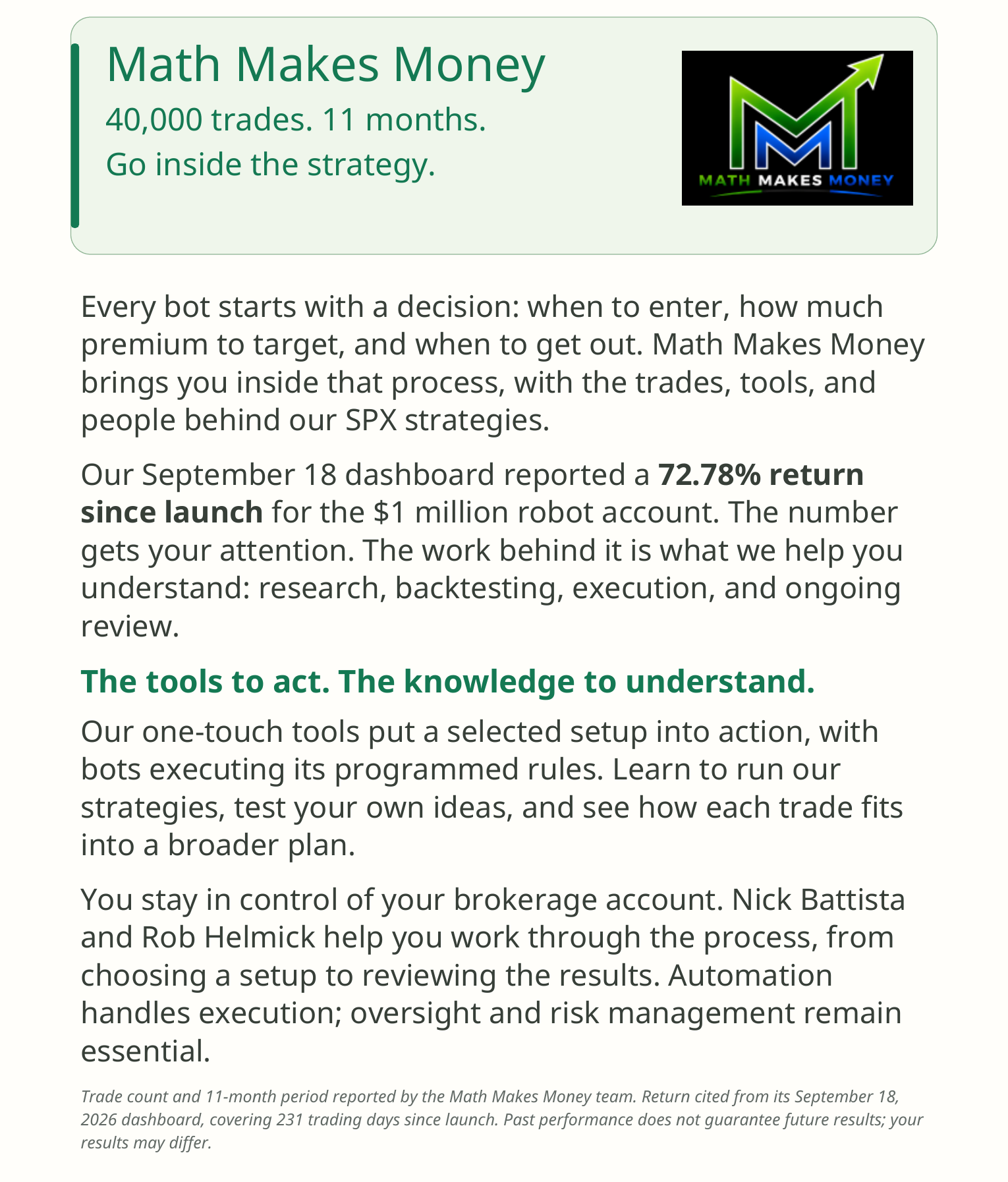 Math Makes Money &mdash; 40,000 trades, 11 months. Go inside the strategy. Page 1