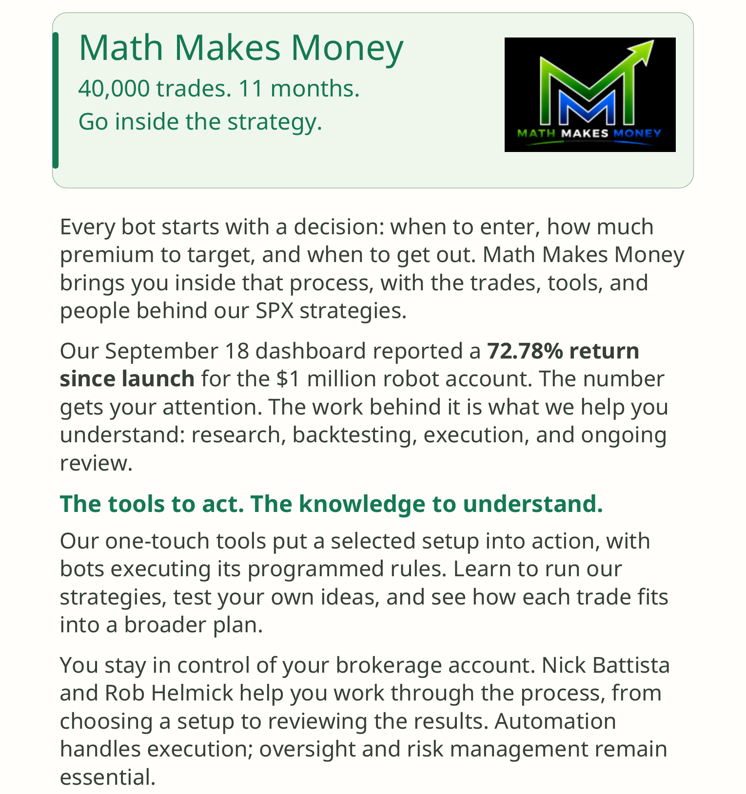 Math Makes Money &mdash; 40,000 trades, 11 months. Go inside the strategy. Page 1