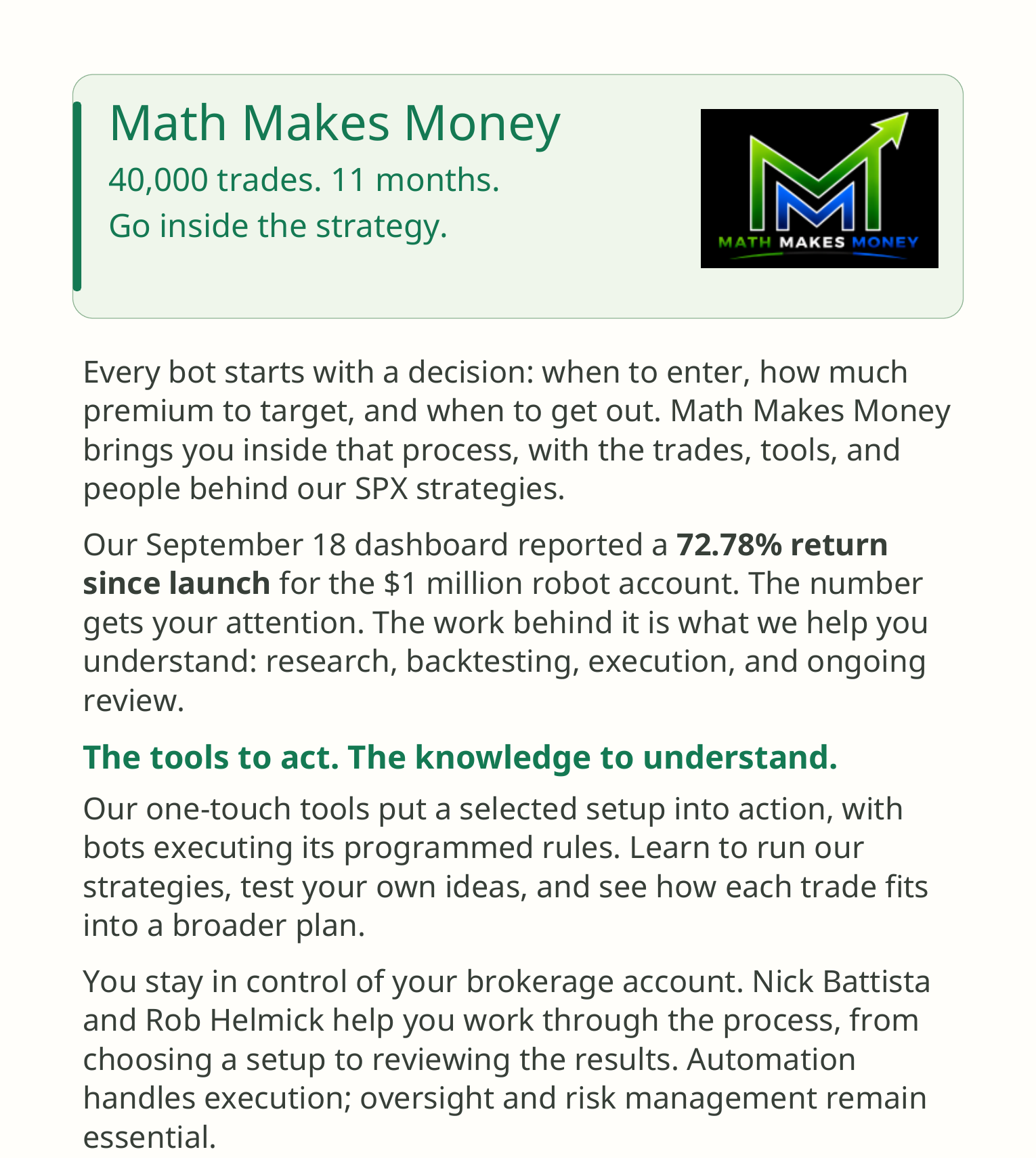Math Makes Money &mdash; 40,000 trades, 11 months. Go inside the strategy. Page 1
