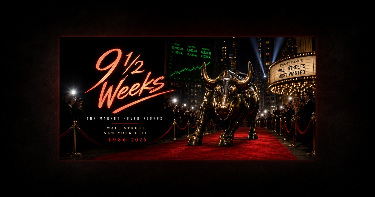 9 1/2 Weeks &mdash; Wall Street&rsquo;s Most Wanted premiere &mdash; bronze bull on red carpet &mdash; The Market Never Sleeps &mdash; 1986-2026